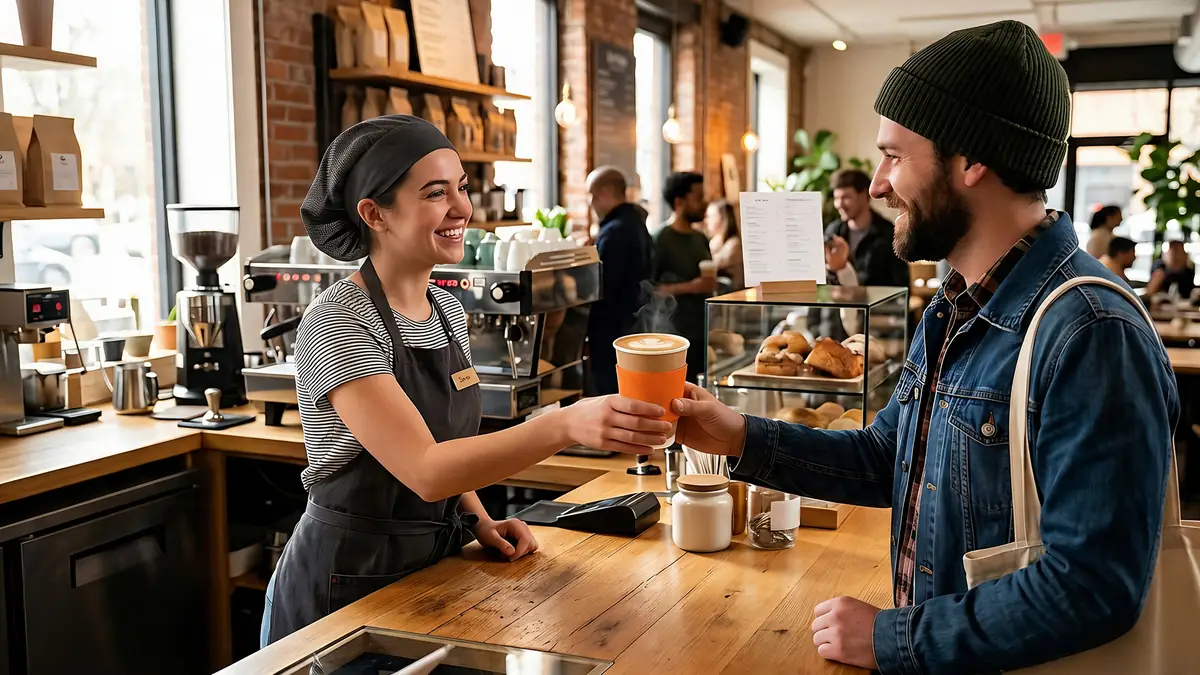 Barista con gorro de cocina atiende a un cliente en una cafetería, establecimiento de alimentos que debe contar con licencia sanitaria en Guatemala.